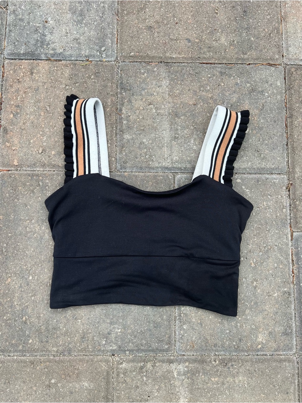 FP Movement Time Out Tank Black Ruffled Striped Straps Cutout Back Small